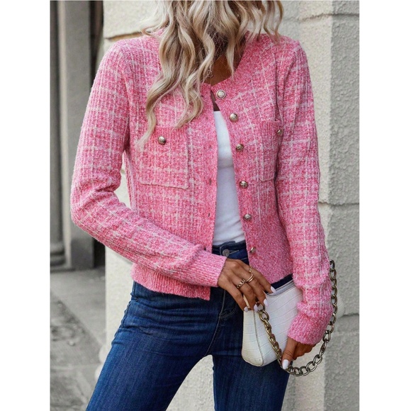 Hot Pink Plaid Button Up Cardigan Knit Long Sleeve Stretchy - Picture 5 of 8